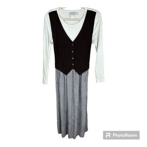 VTG Petite Focus Maxi Dress 16 White Brown Long Sleeve Ribbed Plaid Suede Vest